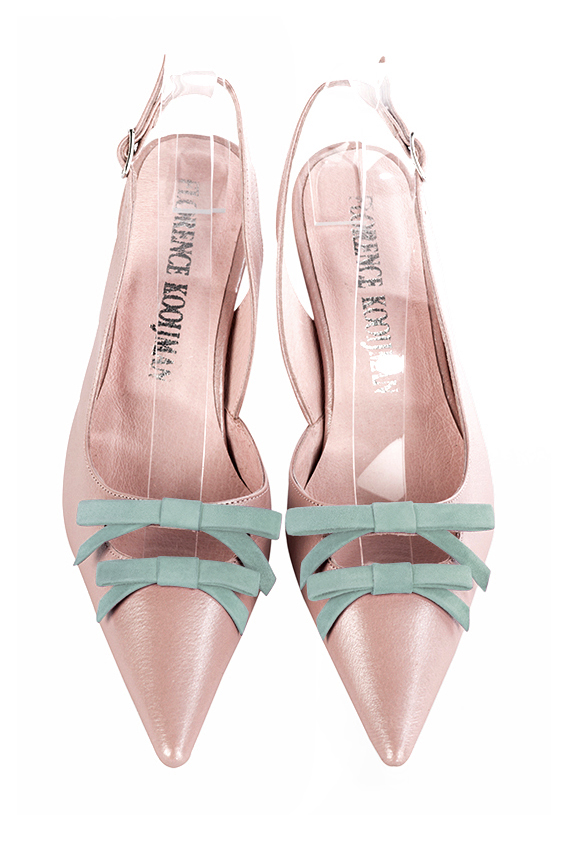 Powder pink and aquamarine blue women's open back shoes, with a knot. Pointed toe. High slim heel. Top view - Florence KOOIJMAN